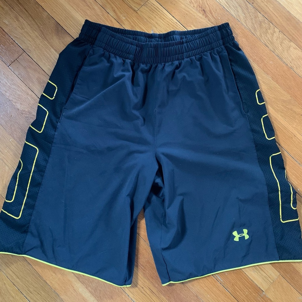 Under Armour Men’s Black Athletic Shorts with Yellow Accent